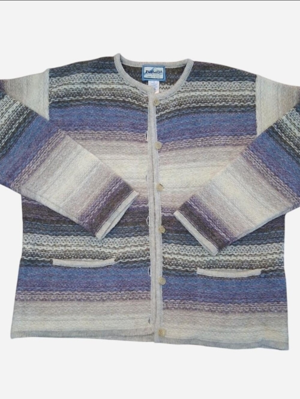 Pendleton 100% Shetland Wool Knit Cardigan Lavender Blue Gray Cream With Pockets